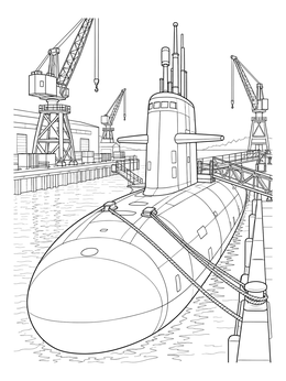 A detailed submarine coloring page docked at a harbor pier near industrial shipyard cranes.