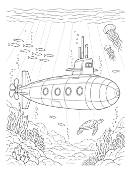 A detailed submarine coloring page featuring marine life, coral reefs, jellyfish, and a sea turtle.