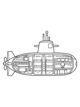 A detailed submarine coloring page revealing the control bridge, sleeping bunks, and engine room inside.