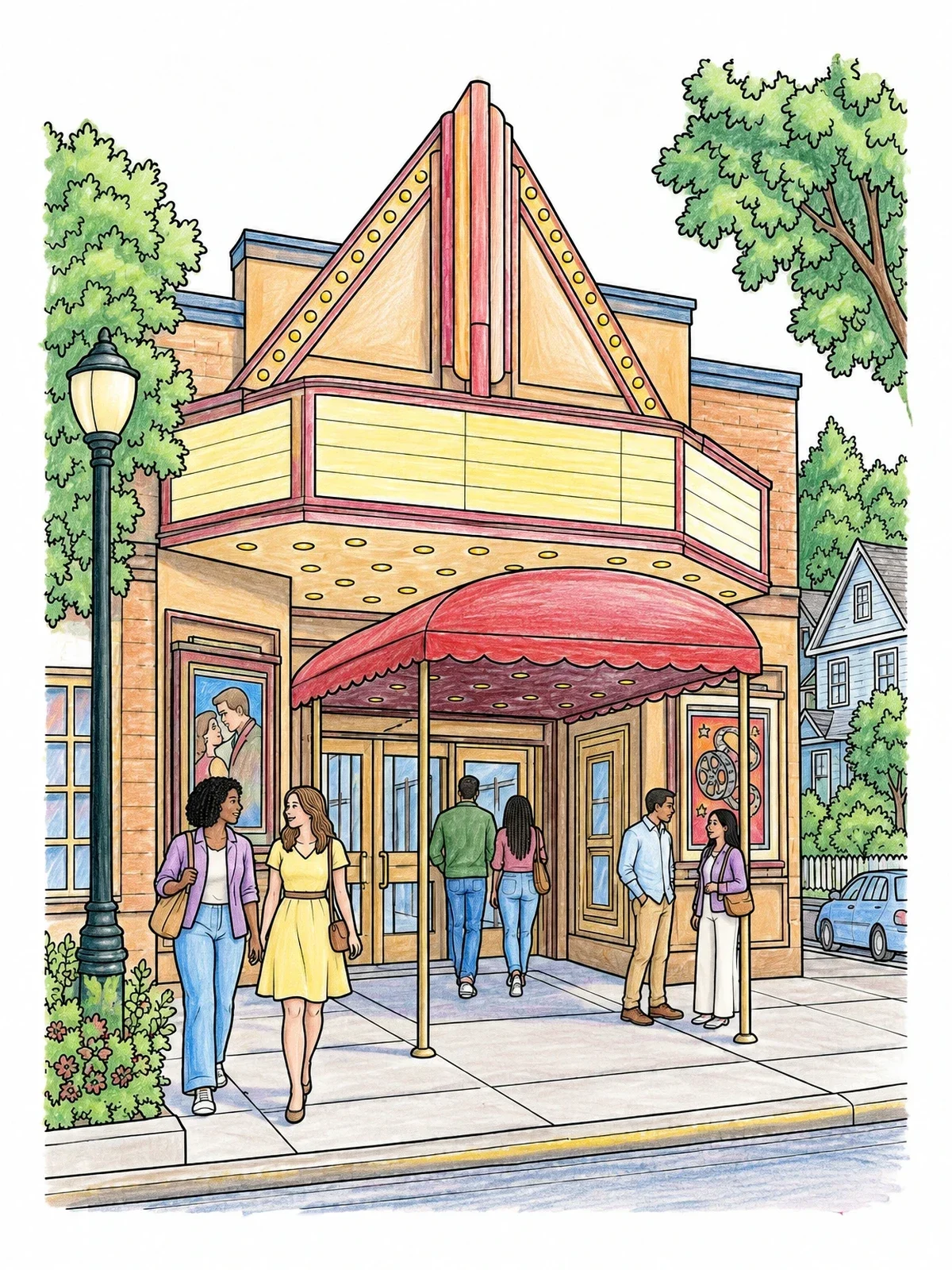 Colored example of the Suburban Movie House Entrance coloring page