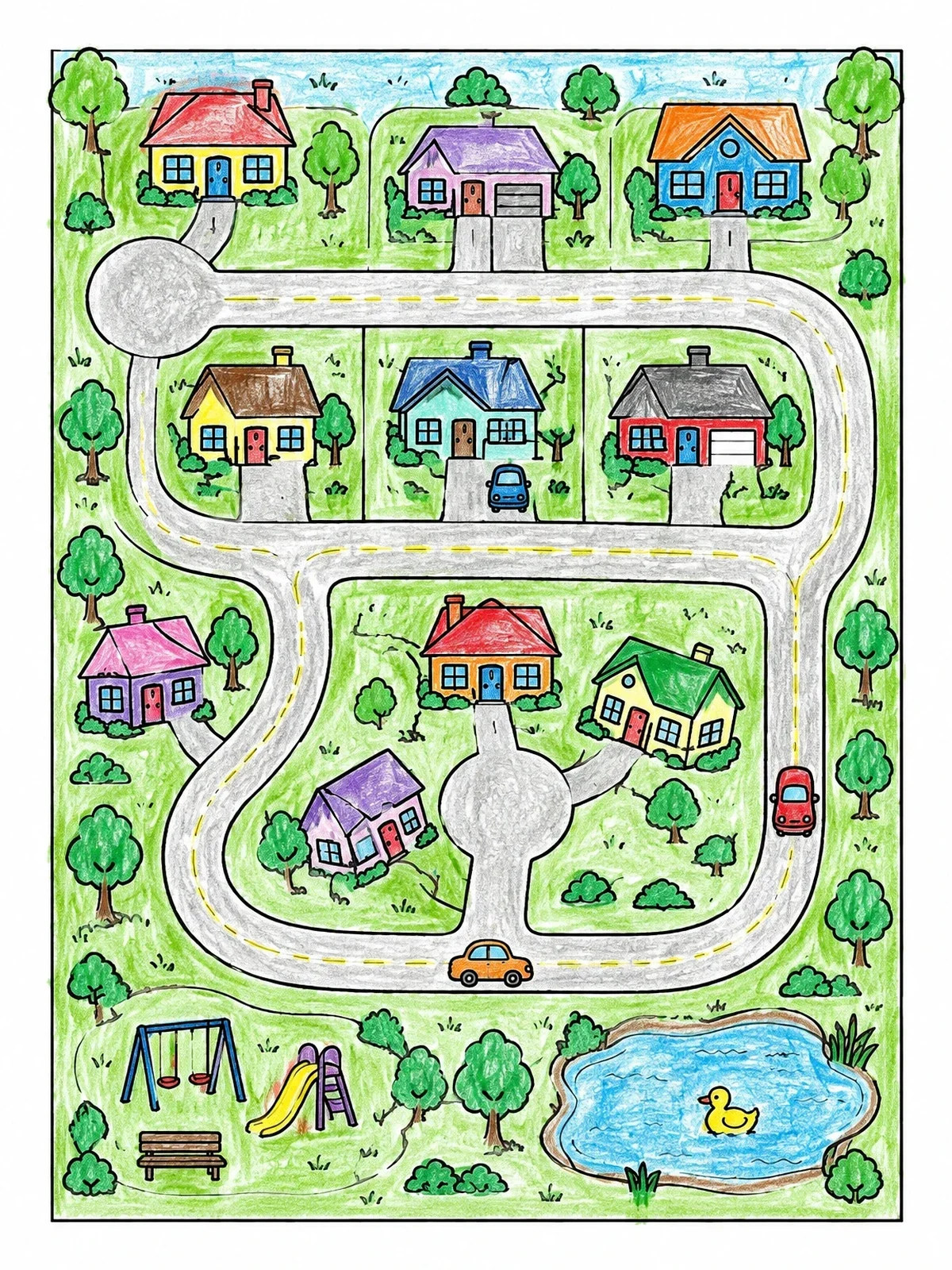 Colored example of the Suburban Neighborhood Map With Houses And Park coloring page