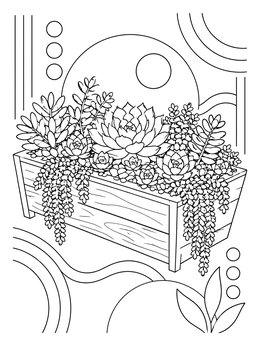 A detailed plant coloring page featuring a wooden trough planter overflowing with succulents.