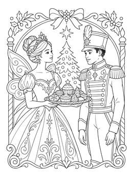 Detailed nutcracker coloring page showing the Sugar Plum Fairy offering treats to the Nutcracker Prince.