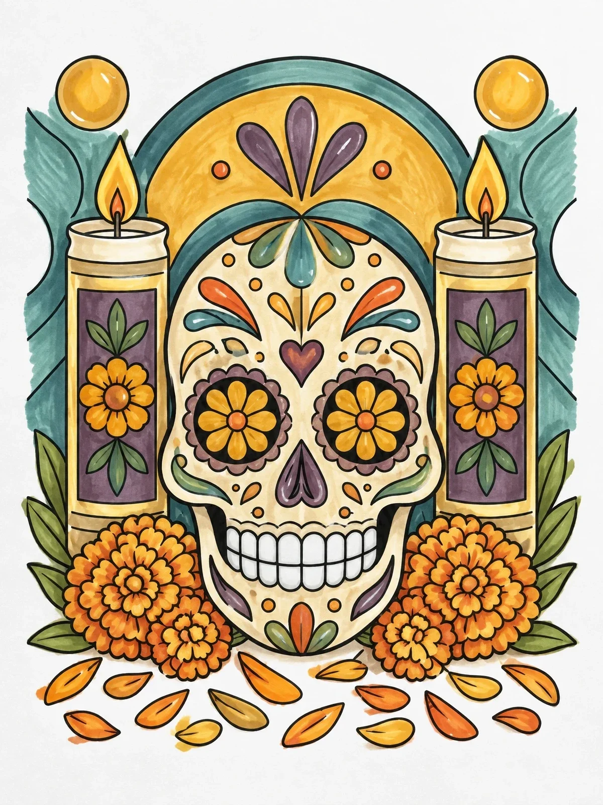 Colored example of the Sugar Skull With Candles And Marigolds coloring page