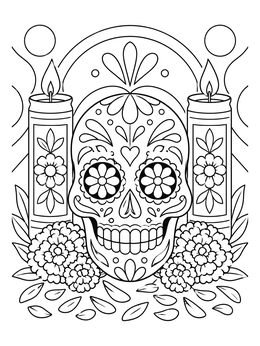 Detailed skull coloring page featuring an ornate sugar skull, glowing candles, and marigold blossoms.