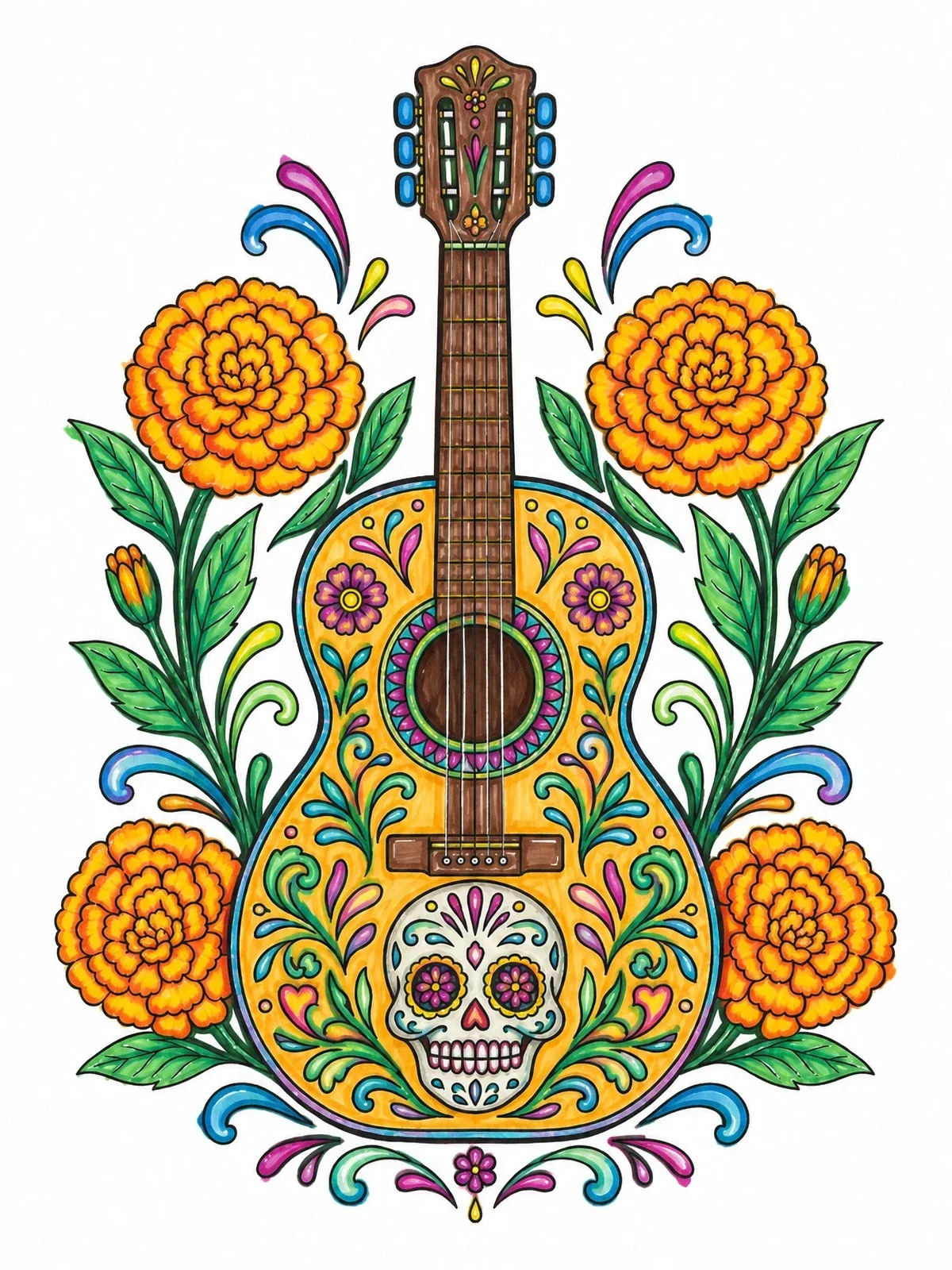 Colored example of the Sugar Skull Guitar With Marigolds coloring page