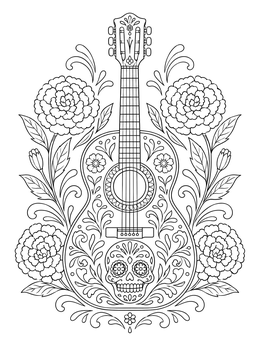 Free printable Sugar Skull Guitar With Marigolds coloring page