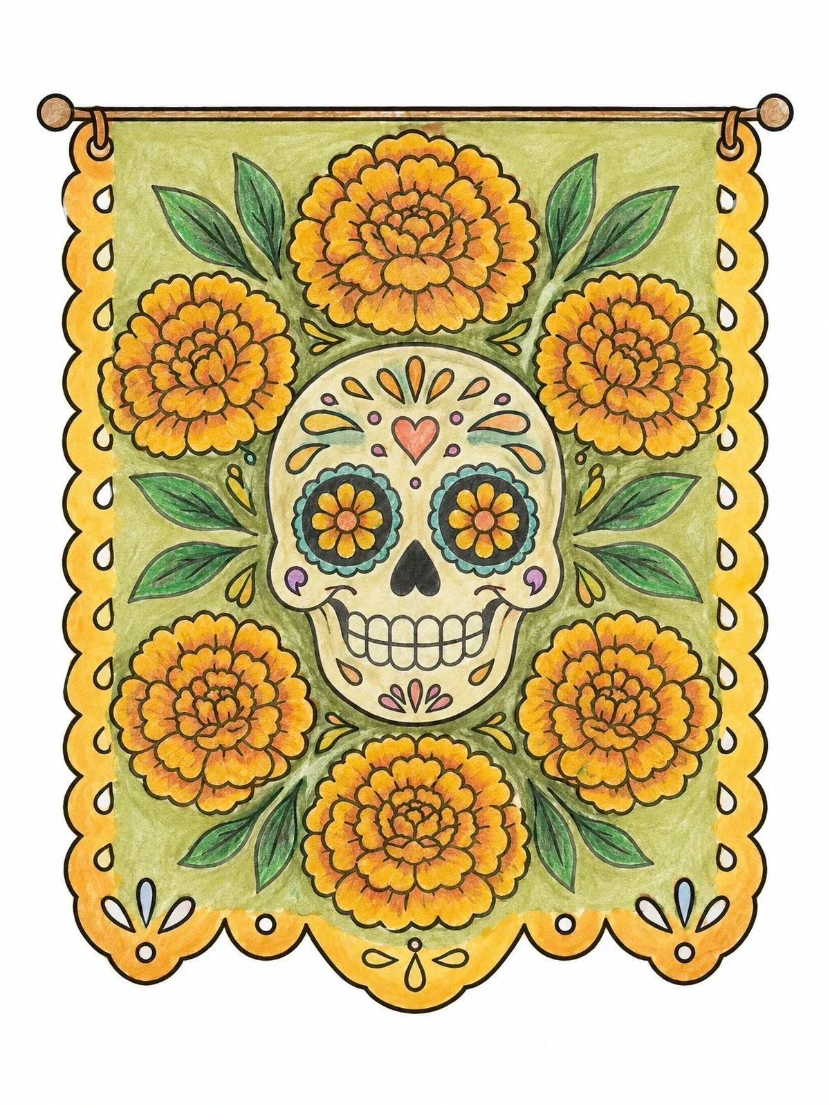 Colored example of the Sugar Skull And Marigold Papel Picado coloring page