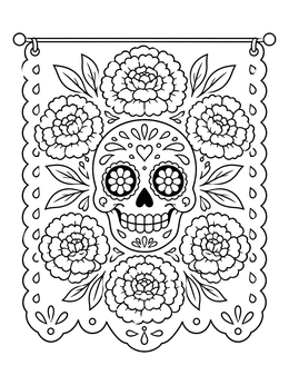 Free printable Sugar Skull And Marigold Papel Picado coloring page