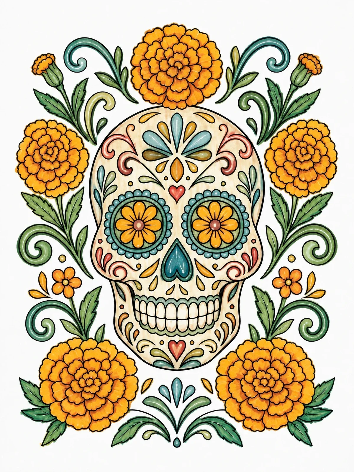 Colored example of the Intricate Sugar Skull With Marigolds coloring page