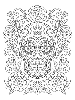 Detailed Mexican folk art coloring page featuring a decorative calavera sugar skull and blooming marigolds.
