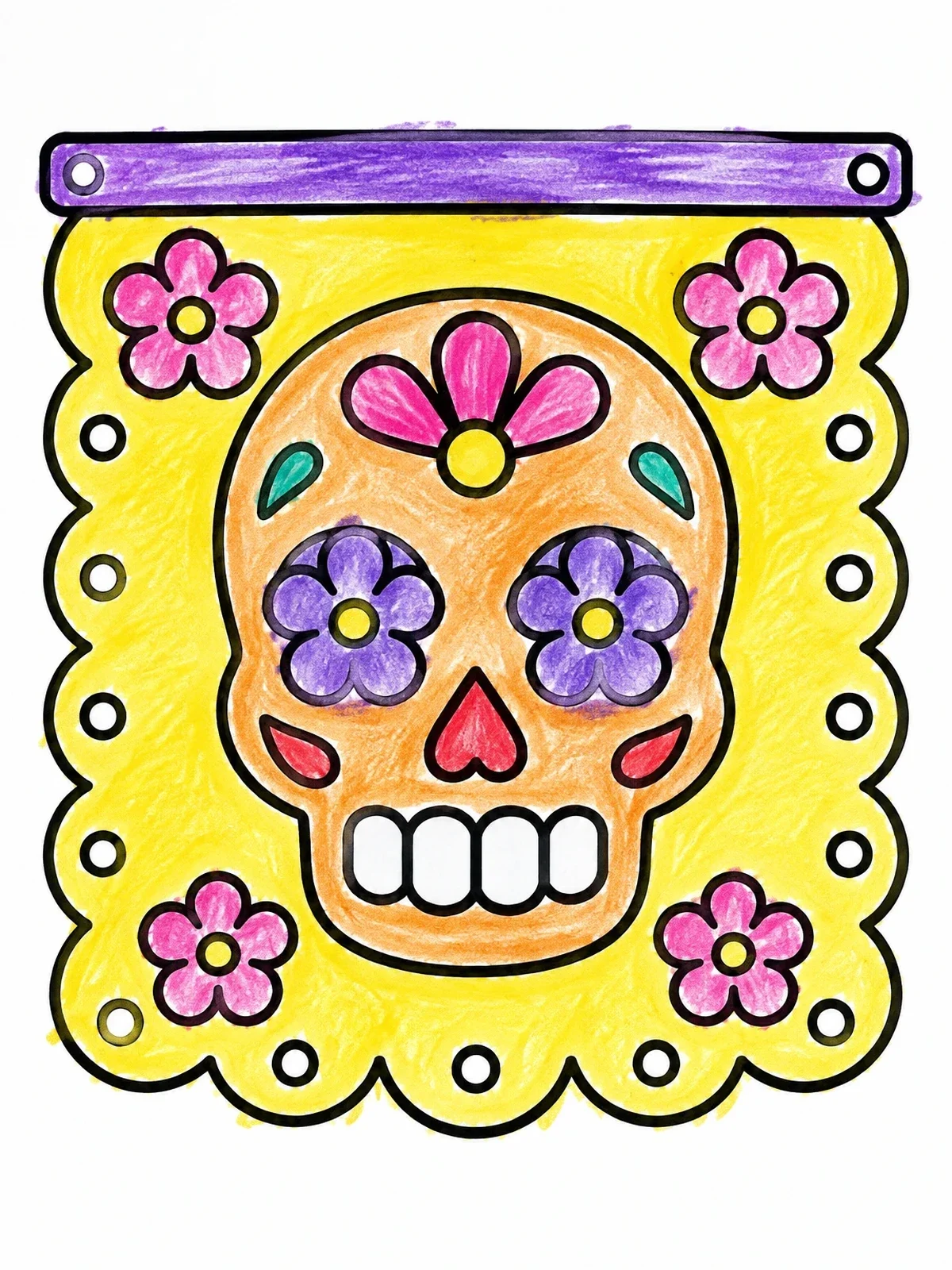 Colored example of the Sugar Skull Papel Picado Banner coloring page