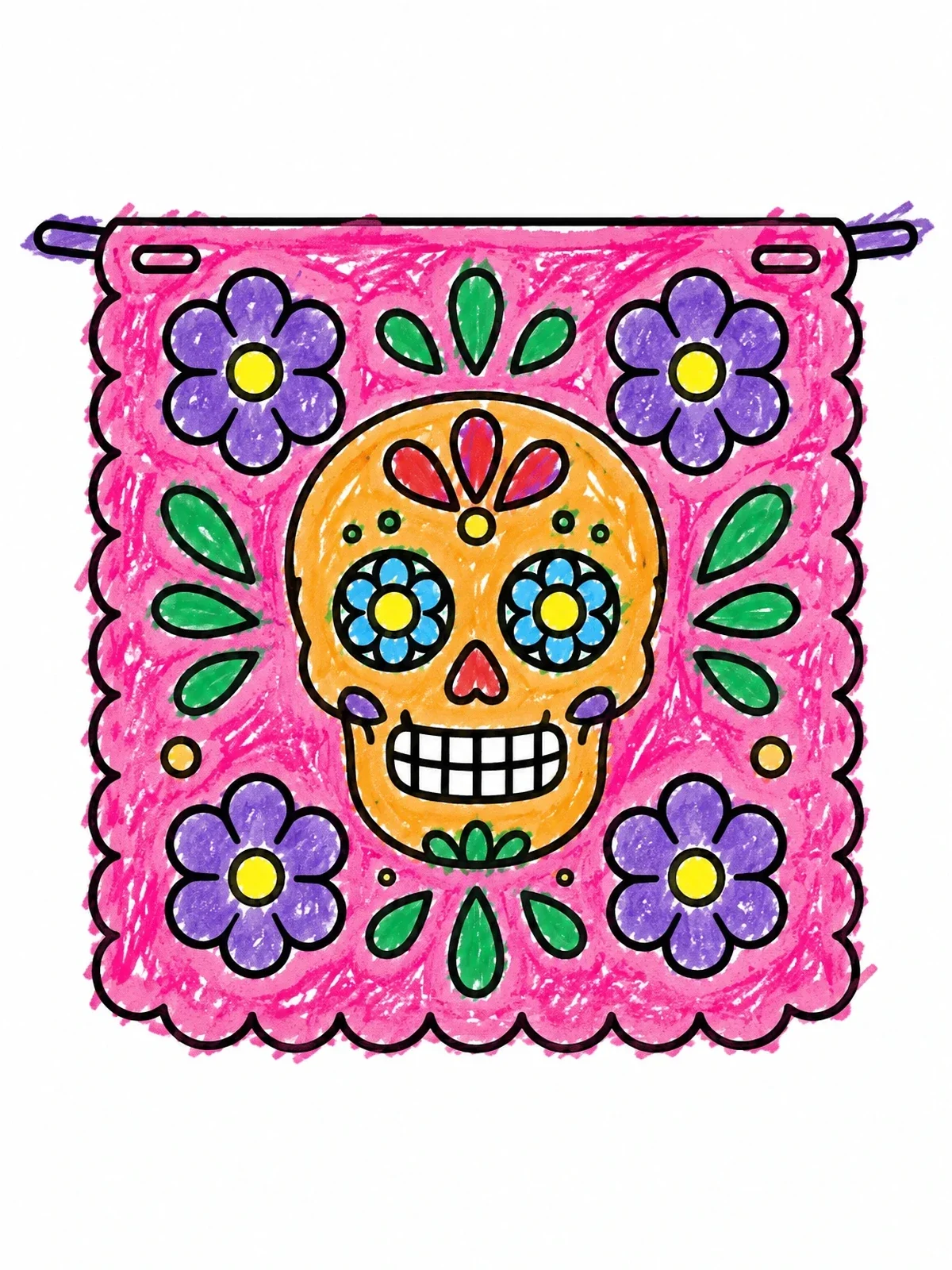 Colored example of the Sugar Skull Papel Picado Banner coloring page