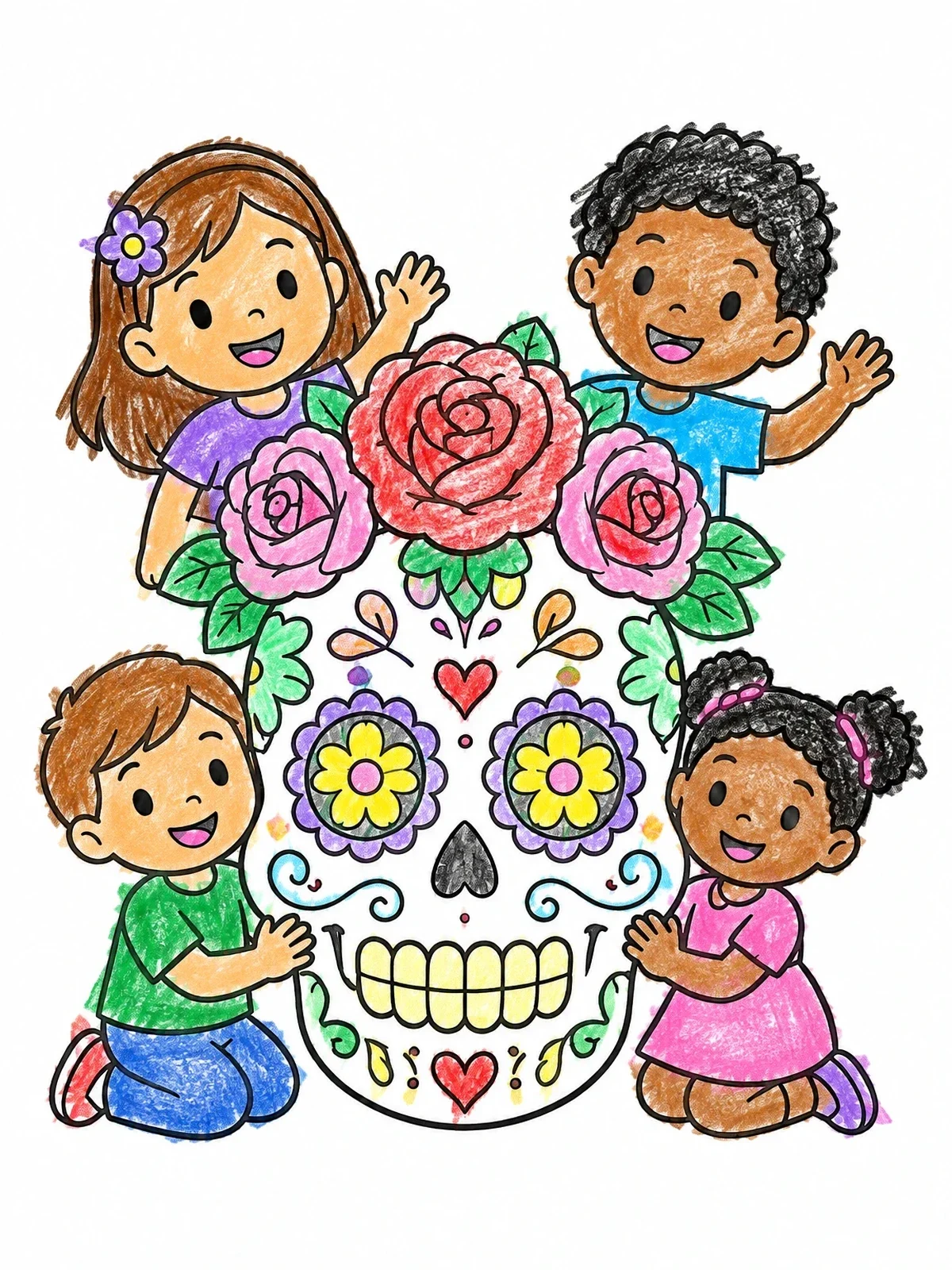 Colored example of the Sugar Skull With Kids And Roses coloring page