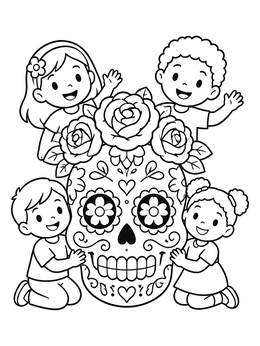 Free printable Sugar Skull With Kids And Roses coloring page