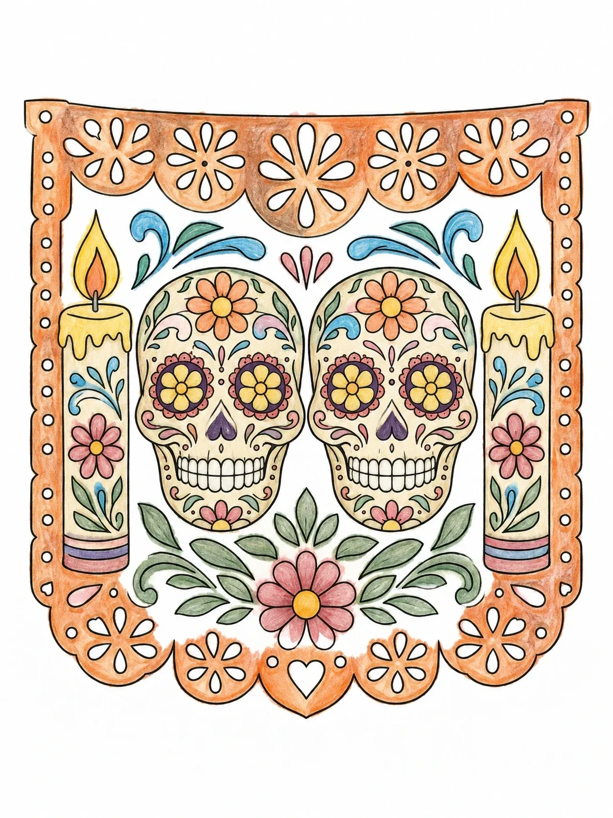 Colored example of the Sugar Skulls And Candles Papel Picado coloring page