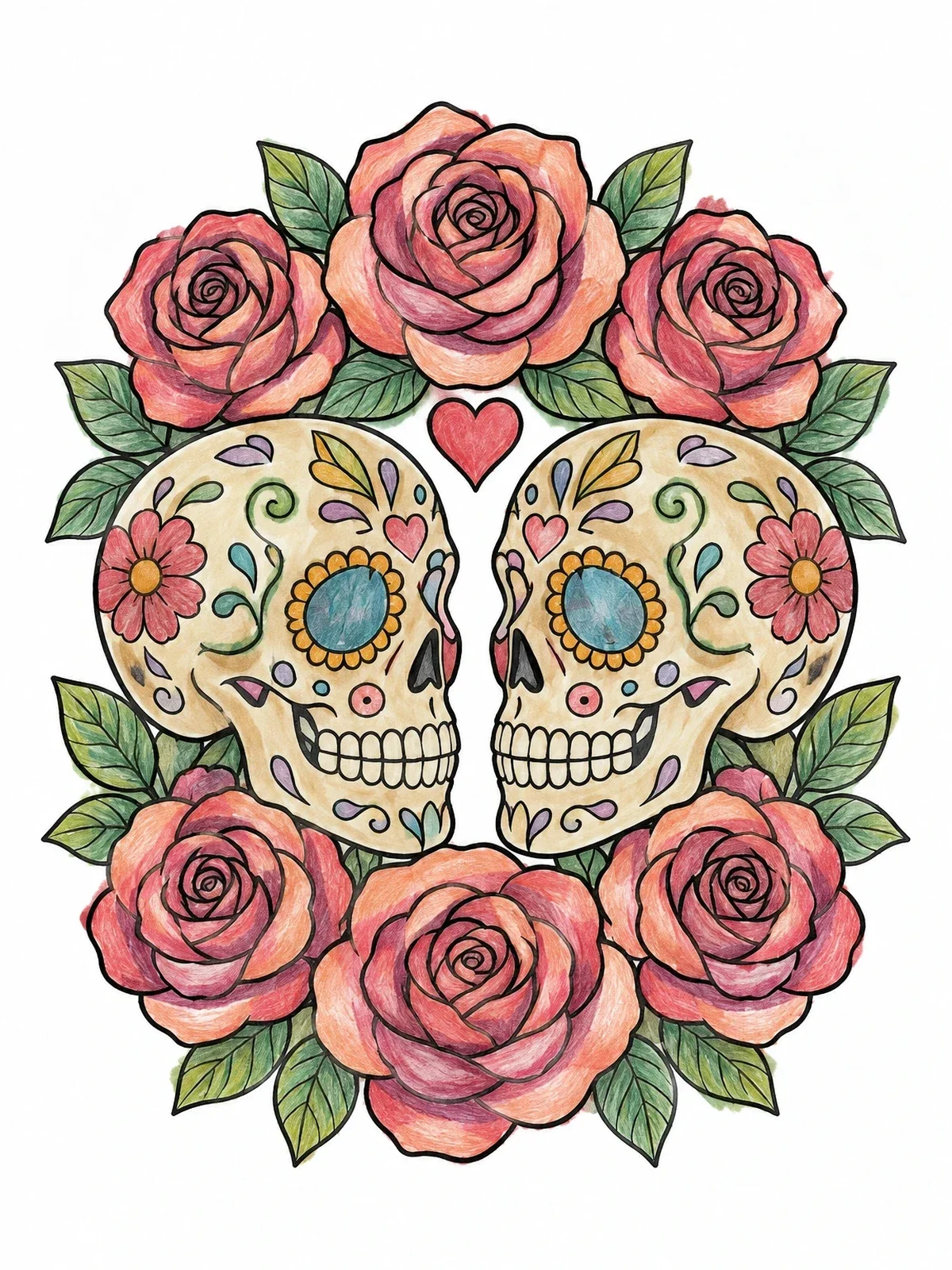 Colored example of the Decorated Sugar Skulls With Roses coloring page