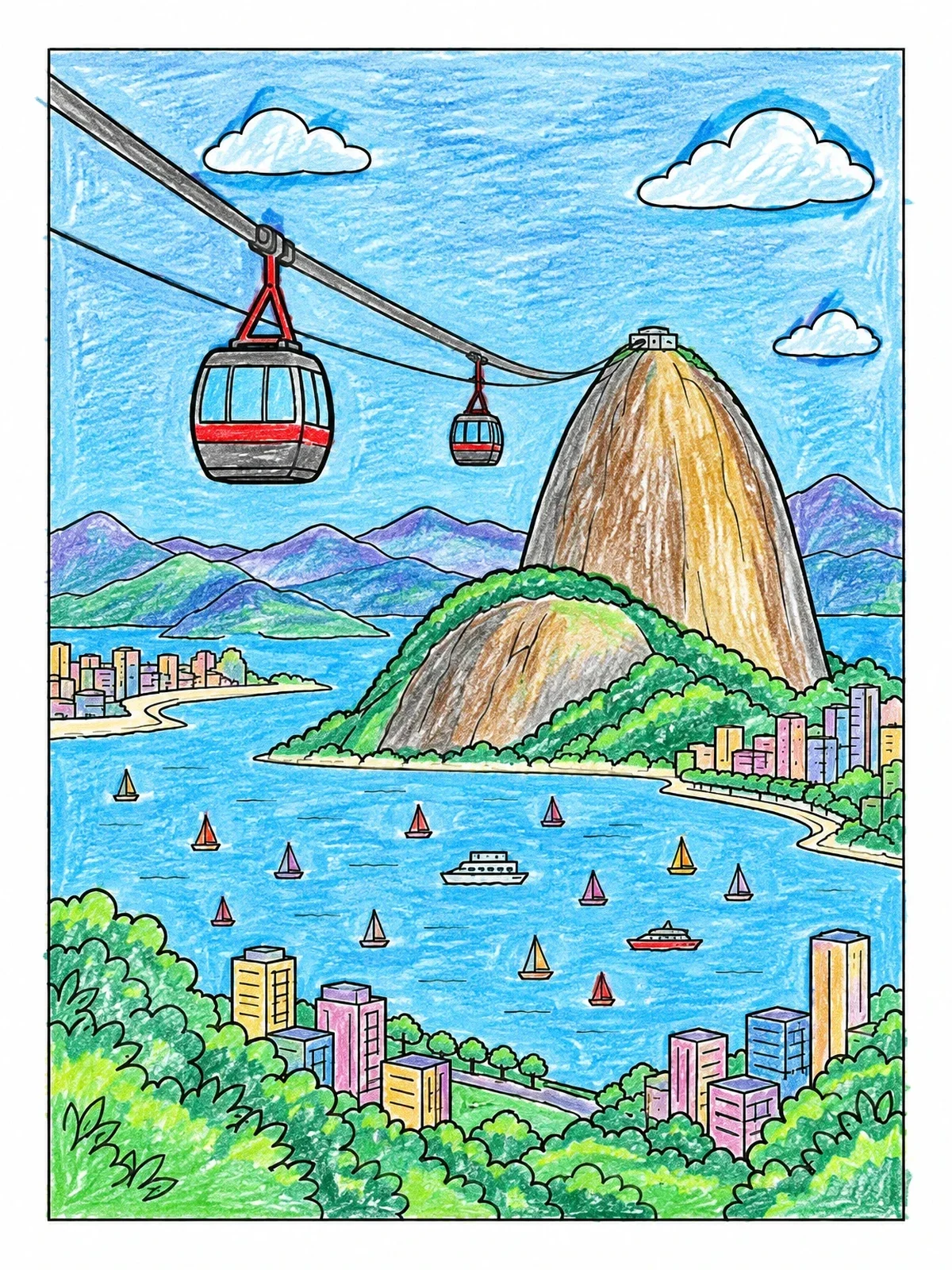 Colored example of the Sugarloaf Mountain And Cable Car coloring page
