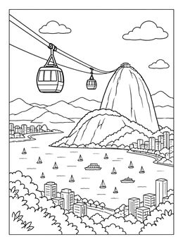 Sugarloaf Mountain cable car above the bay in this Rio coloring page.