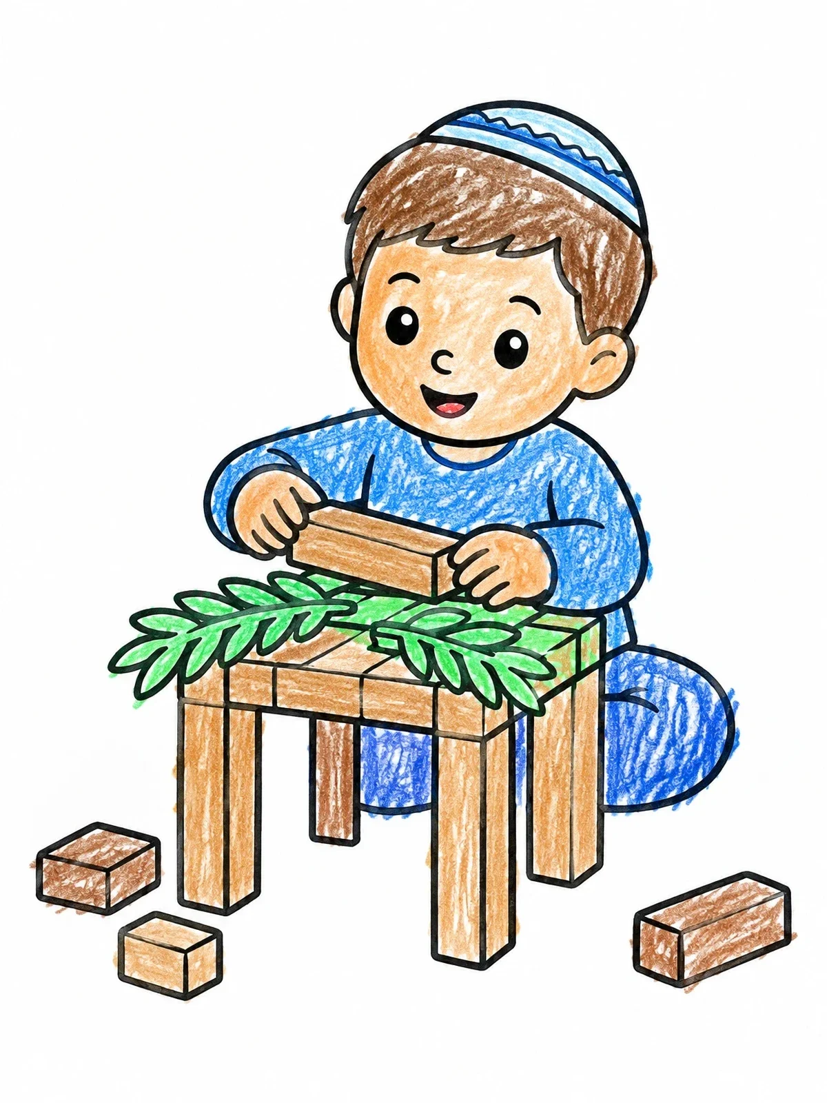 Colored example of the Boy Building A Toy Sukkah coloring page