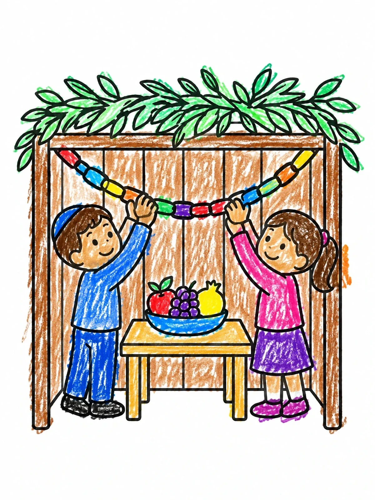 Colored example of the Children Decorating A Sukkah coloring page