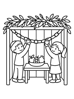 Free printable Children Decorating A Sukkah coloring page