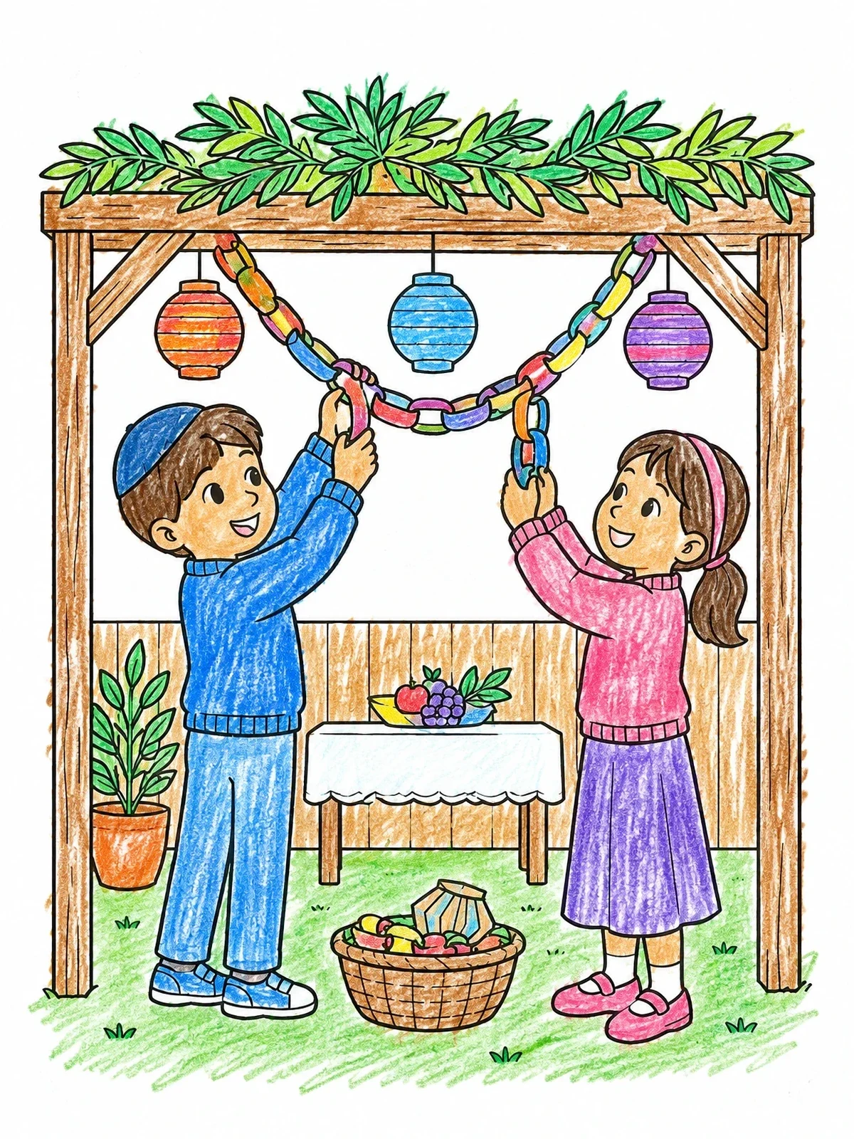 Colored example of the Children Decorating The Sukkah coloring page