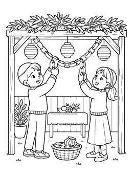 Free printable Children Decorating The Sukkah coloring page