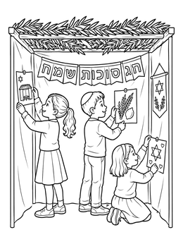 Free printable Children Decorating The Sukkah coloring page