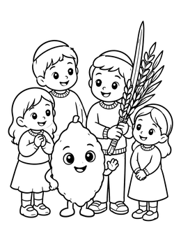 Free printable Children Celebrating Sukkot With Friendly Etrog coloring page