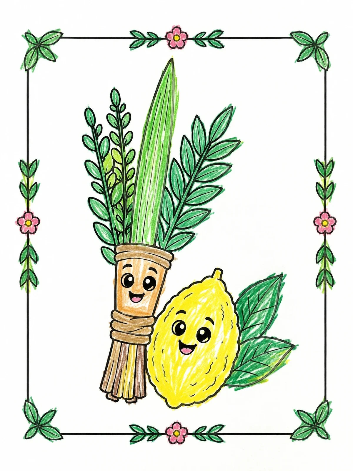 Colored example of the Cute Lulav And Etrog Friends coloring page