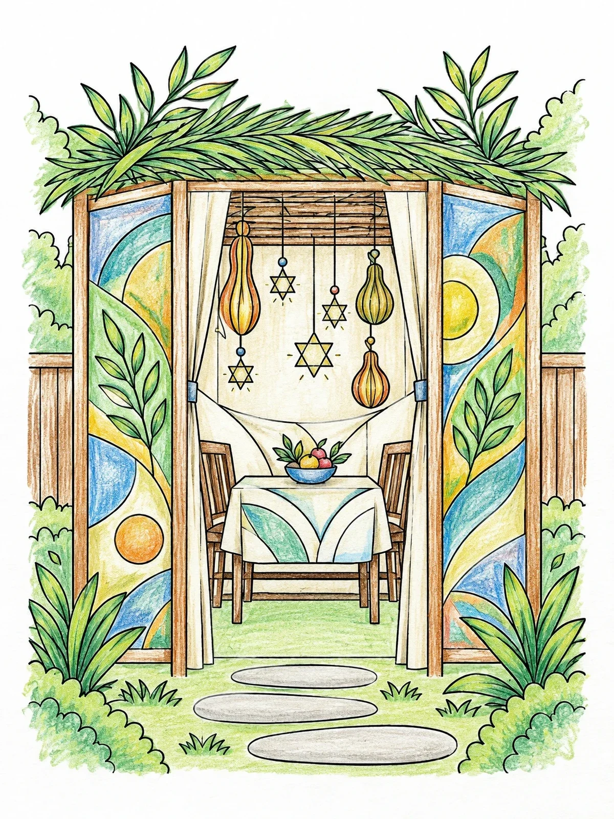 Colored example of the Decorated Sukkah In Backyard Garden coloring page