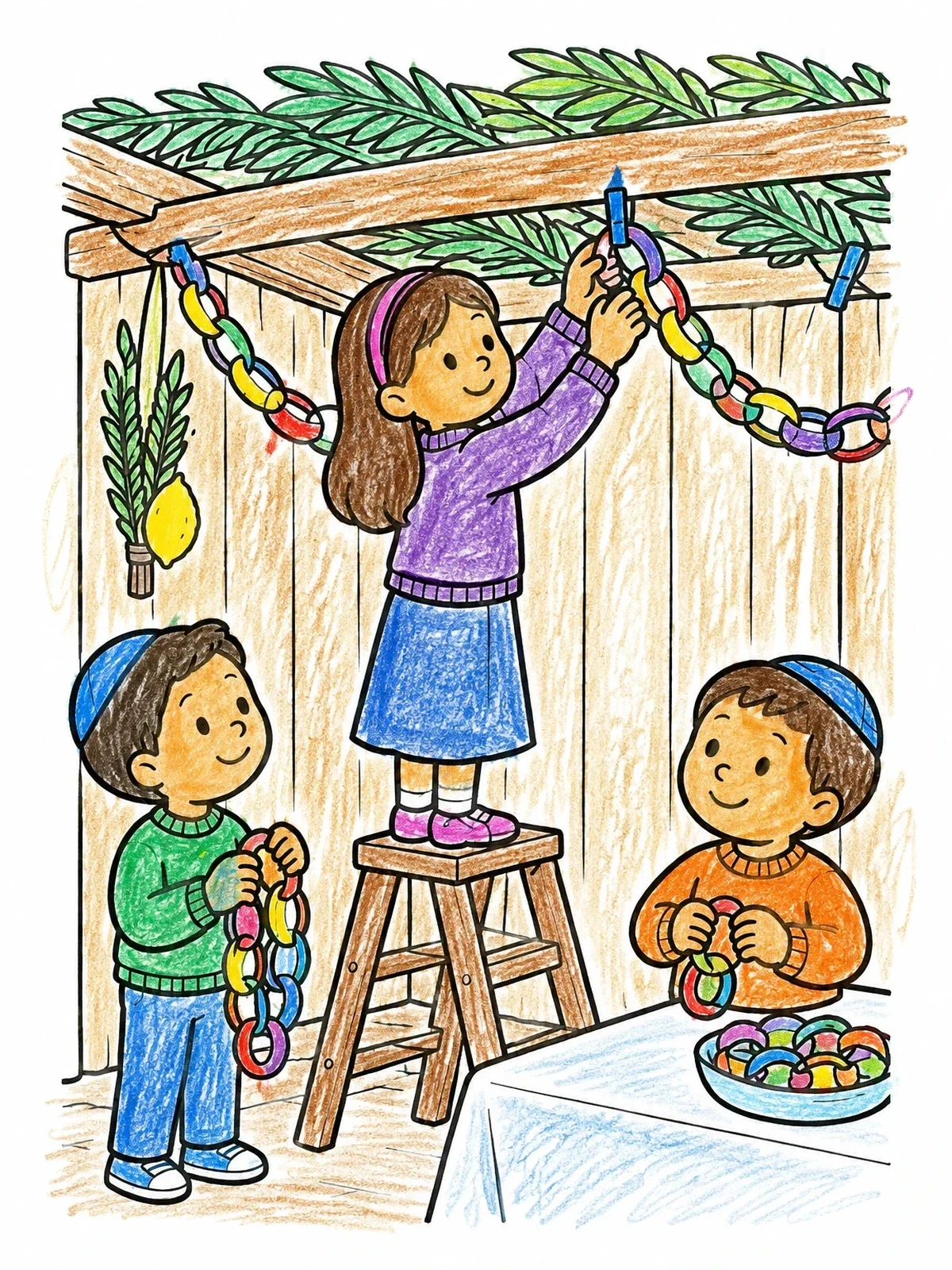 Colored example of the Decorating The Sukkah With Paper Chains coloring page
