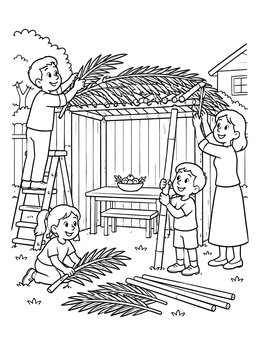 Free printable Family Building A Sukkah Booth coloring page