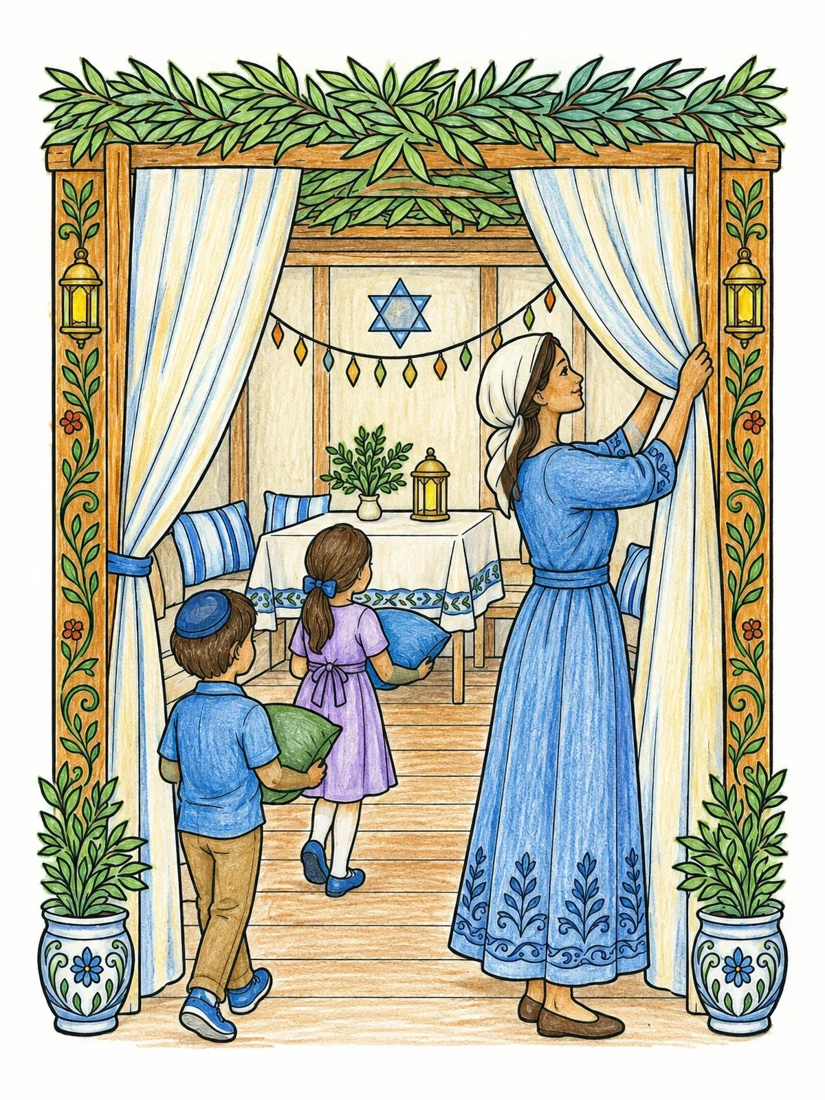 Colored example of the Family Preparing The Sukkah Entrance coloring page