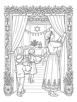 Free printable Family Preparing The Sukkah Entrance coloring page