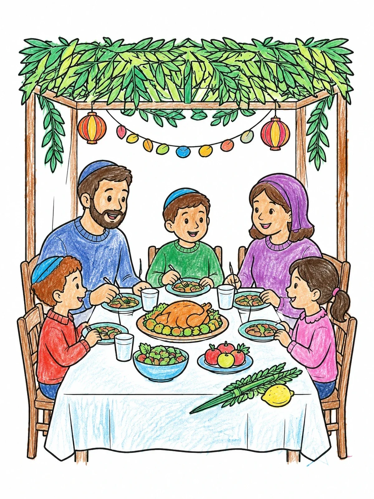 Colored example of the Family Holiday Dinner In The Sukkah coloring page