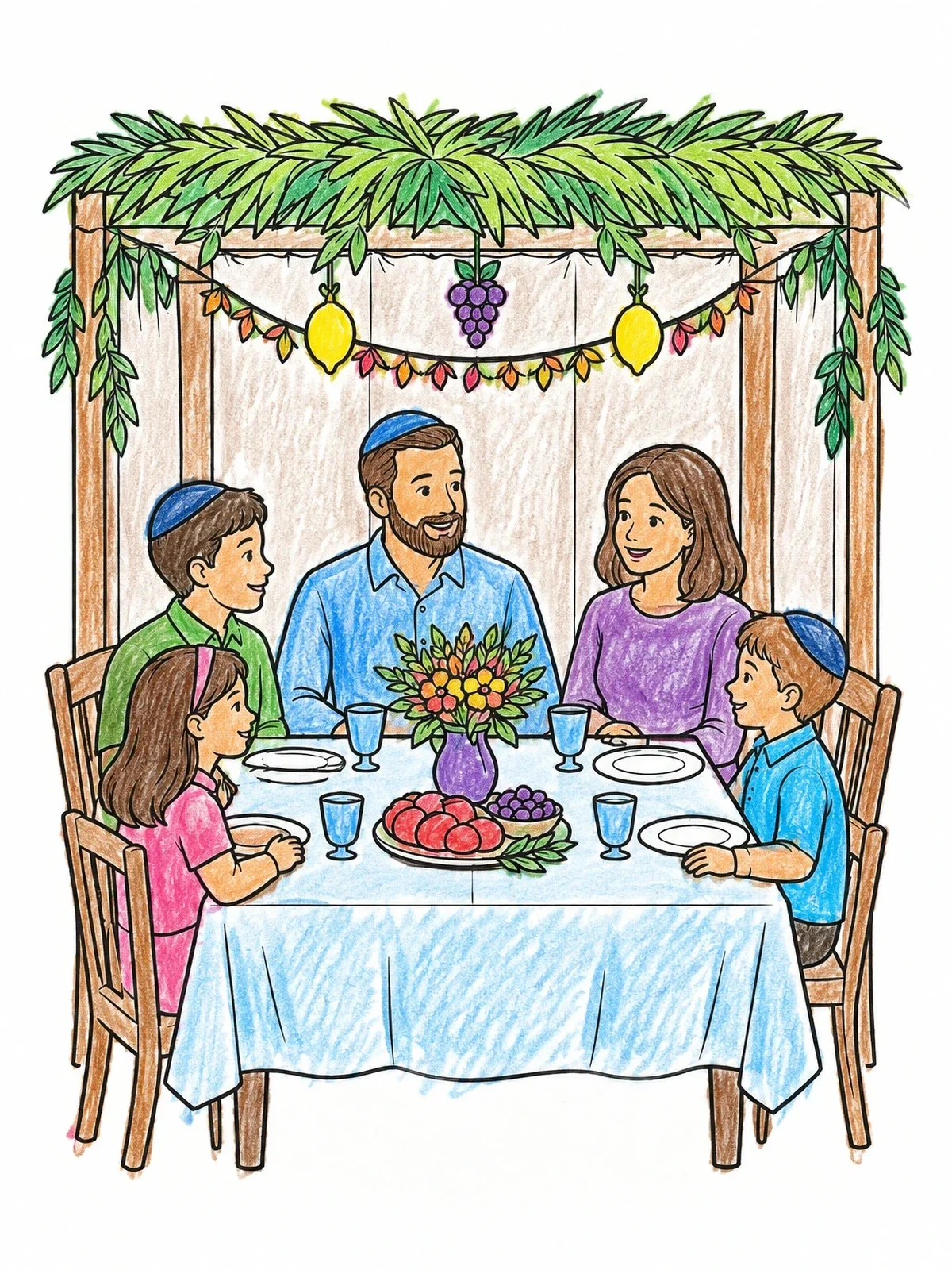 Colored example of the Family Sukkot Meal In The Sukkah coloring page