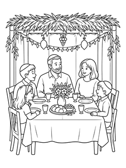 Free printable Family Sukkot Meal In The Sukkah coloring page