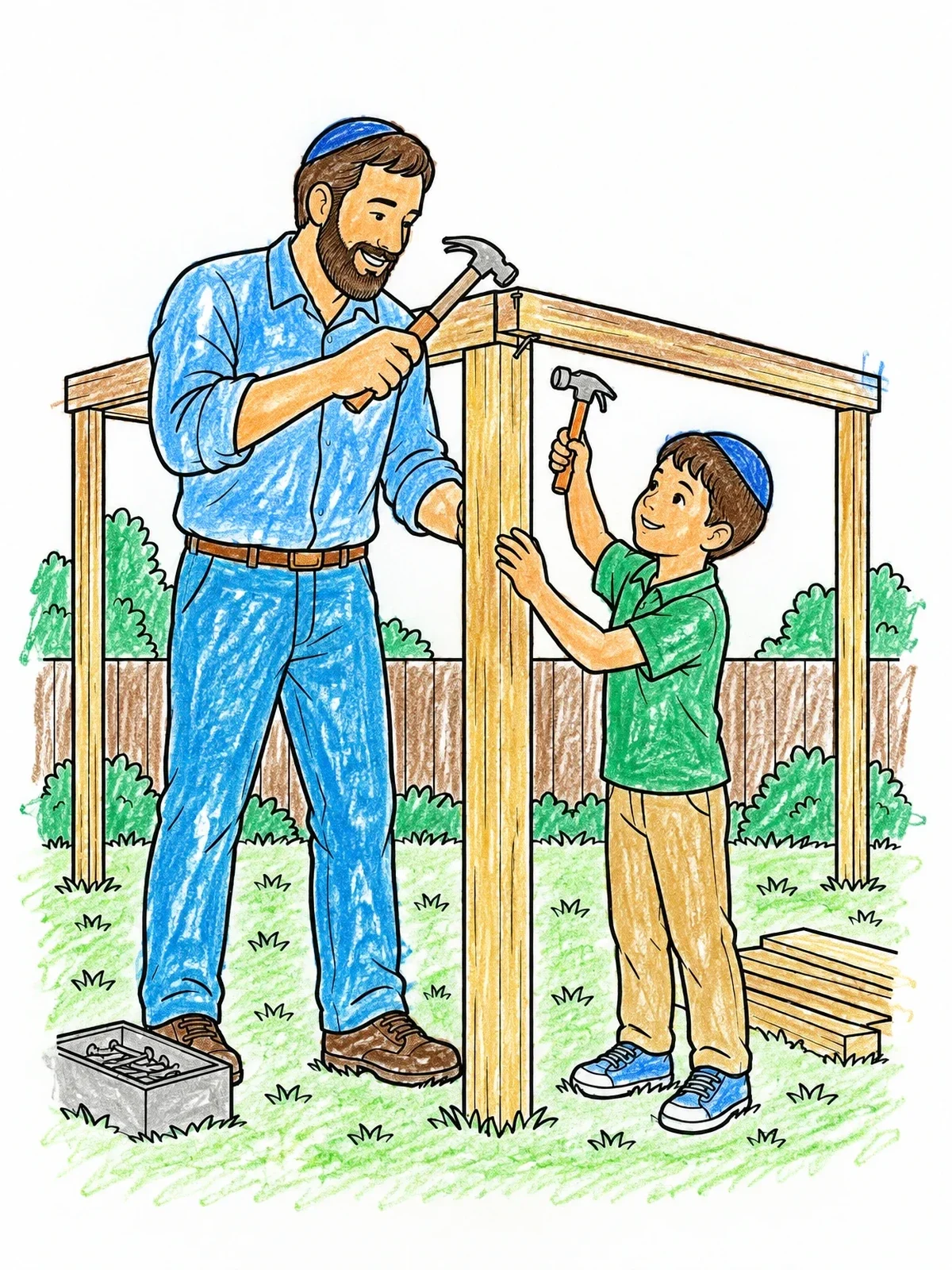 Colored example of the Father And Son Building A Sukkah coloring page
