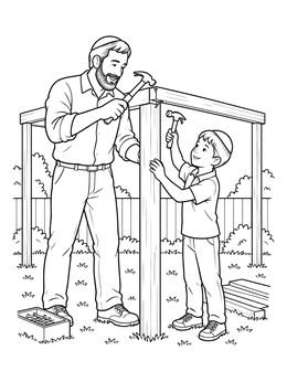 Free printable Father And Son Building A Sukkah coloring page