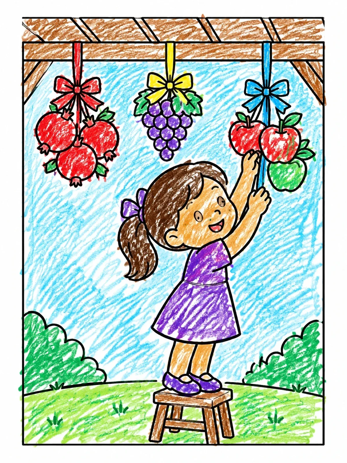 Colored example of the Girl Decorating The Sukkah With Fruit coloring page