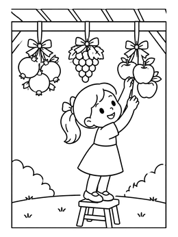 Free printable Girl Decorating The Sukkah With Fruit coloring page