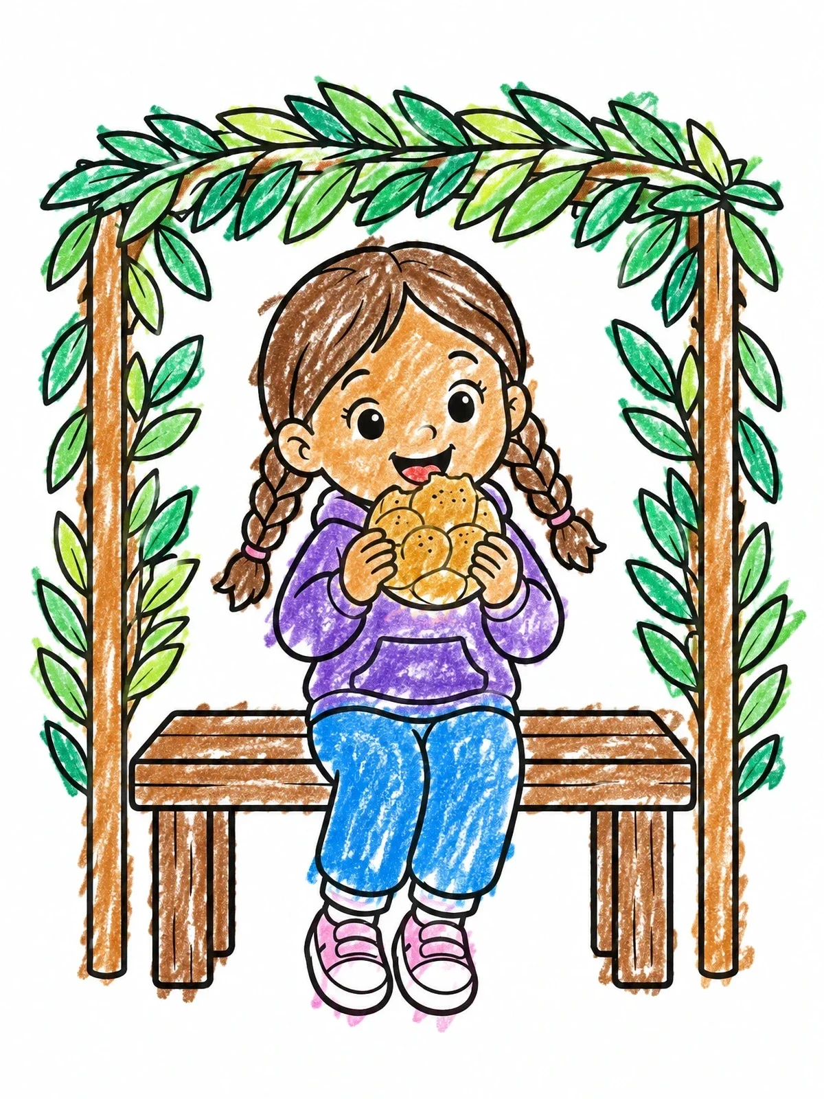 Colored example of the Girl Eating Bread In Sukkah coloring page