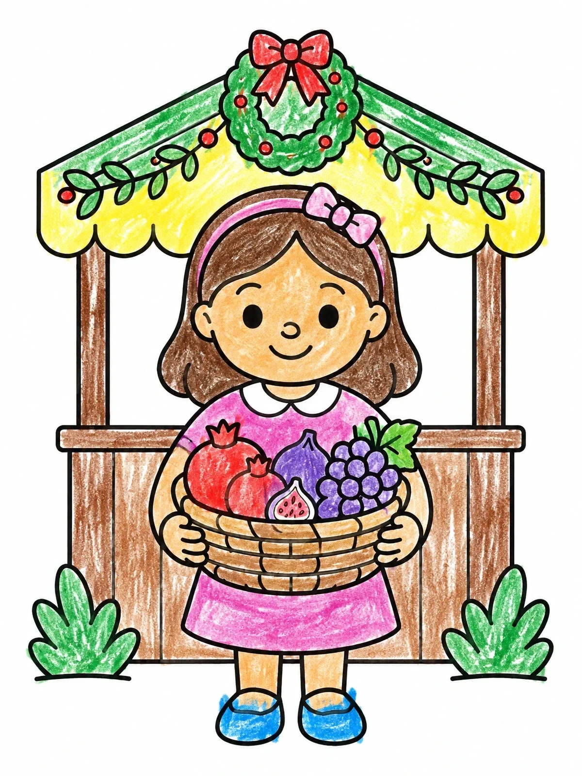 Colored example of the Girl With Fruit Basket By Sukkah coloring page