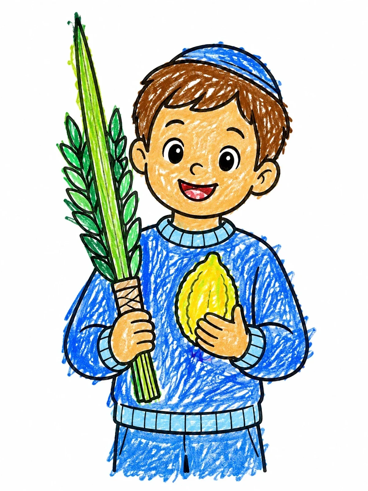 Colored example of the Smiling Boy With Lulav And Etrog coloring page