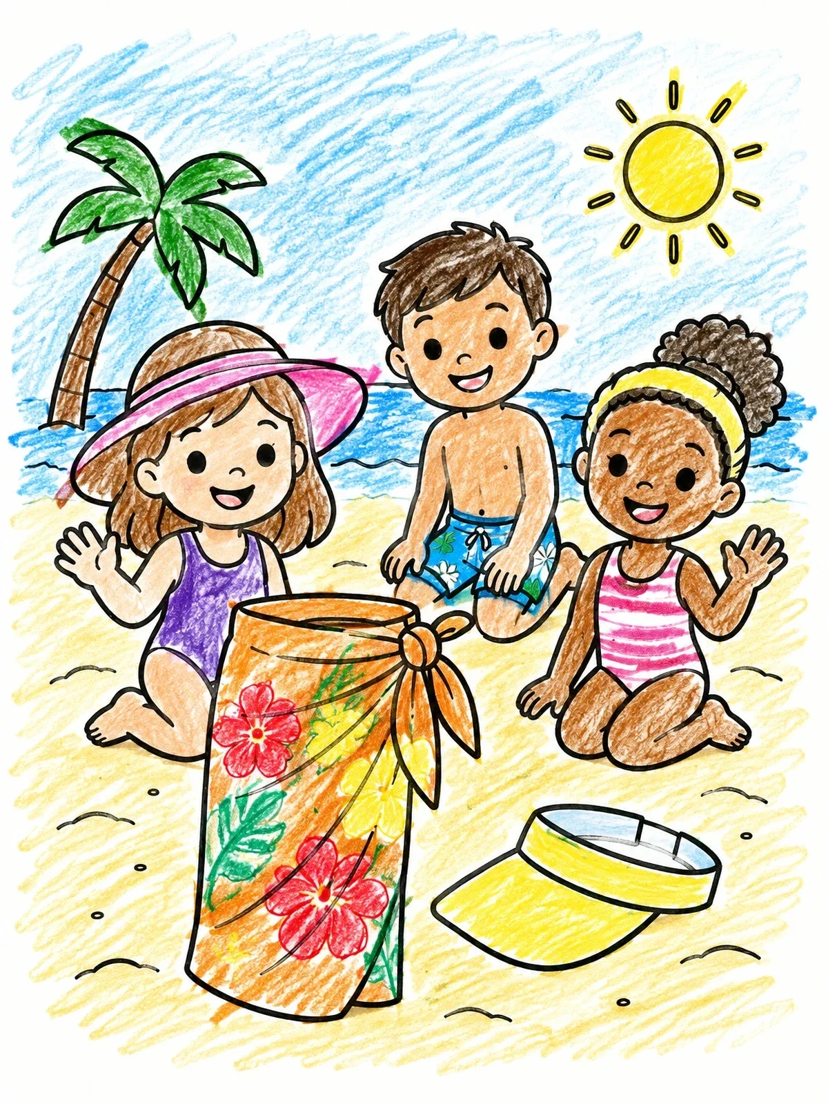 Colored example of the Beach Day With Sarong And Sun Visor coloring page