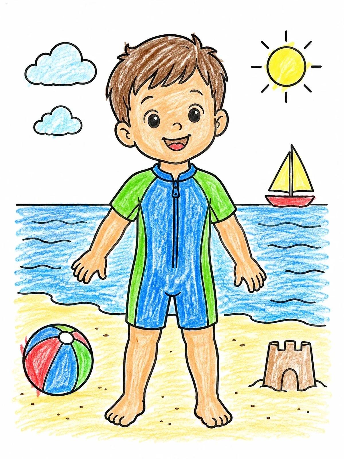 Colored example of the Boy In Swimsuit At The Beach coloring page