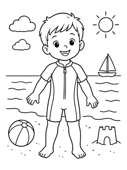 Free printable Boy In Swimsuit At The Beach coloring page
