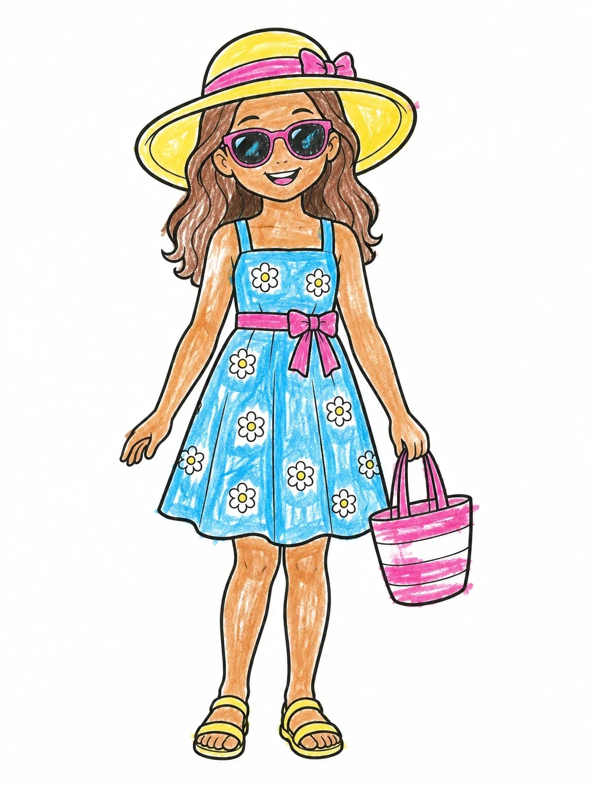 Colored example of the Girl In Floral Sun Dress coloring page